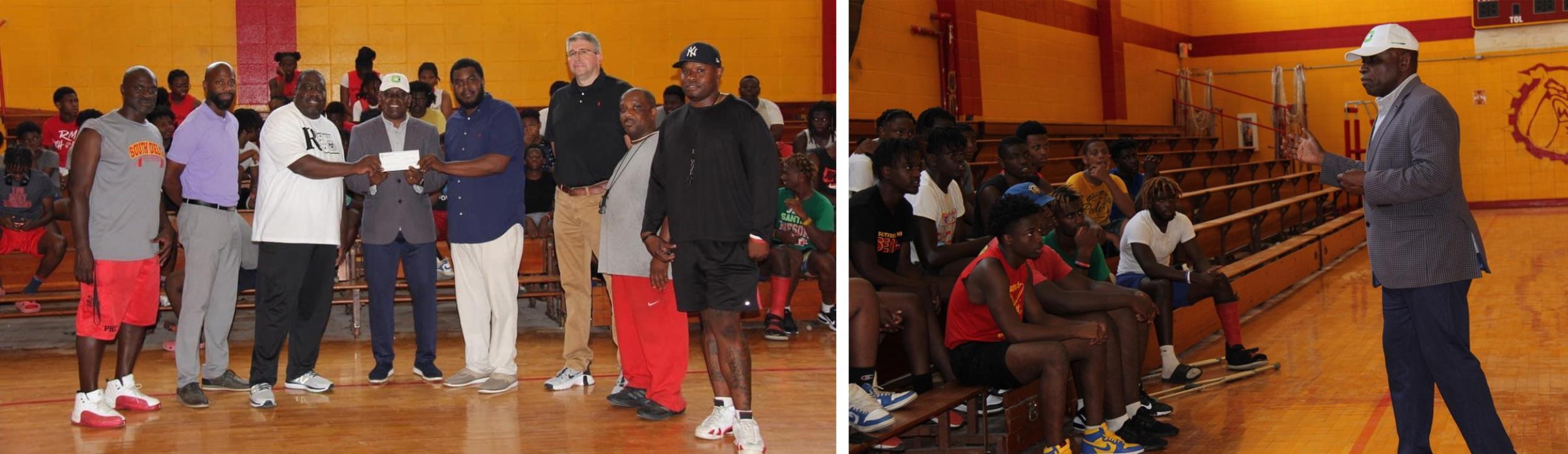 In the photo above on the left, CPS representative Brig. Gen. (Ret.) Robert Crear in the center is presenting the summer camp funding check to Samuel Grayson (left), President of the Alumni Association; and Samuel Matthews (right), Principal of Rolling Fork High School.  Others pictured include:  CTE Director Adrian Dorsey, Athletic Director Roy Watson, Girl’s Basketball Coach Frank Harris, Head Football Coach Kilpatrick Barnes, and Football Coach Eugene Williams.  In the picture above on the right, CPS rep