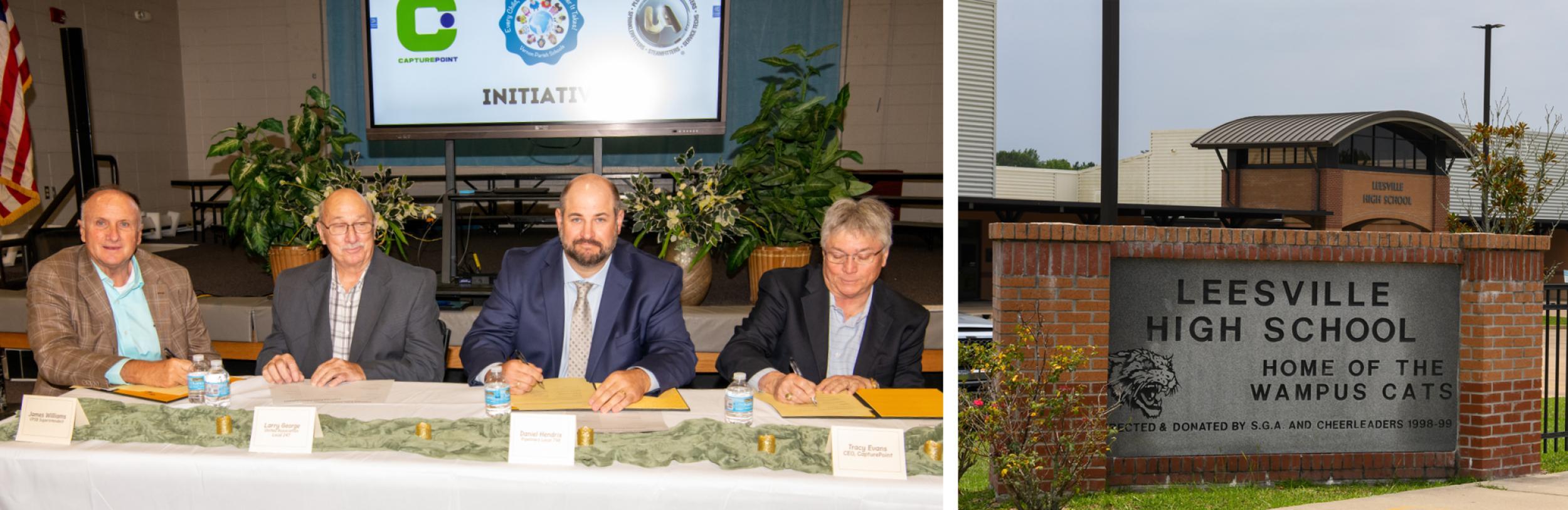 The signing ceremony photo above includes from left to right:  James Williams, Vernon Parish Schools Superintendent; Larry George, representing UA Plumbers and Steamfitters Local 247 and the Alexandria Pipe Trades J.A.T.F.; Justin Wallace representing UA Pipeliners Local 798; and Tracy Evans, CEO of CapturePoint Solutions.  Photo Credits:  Phil Wever (UA).